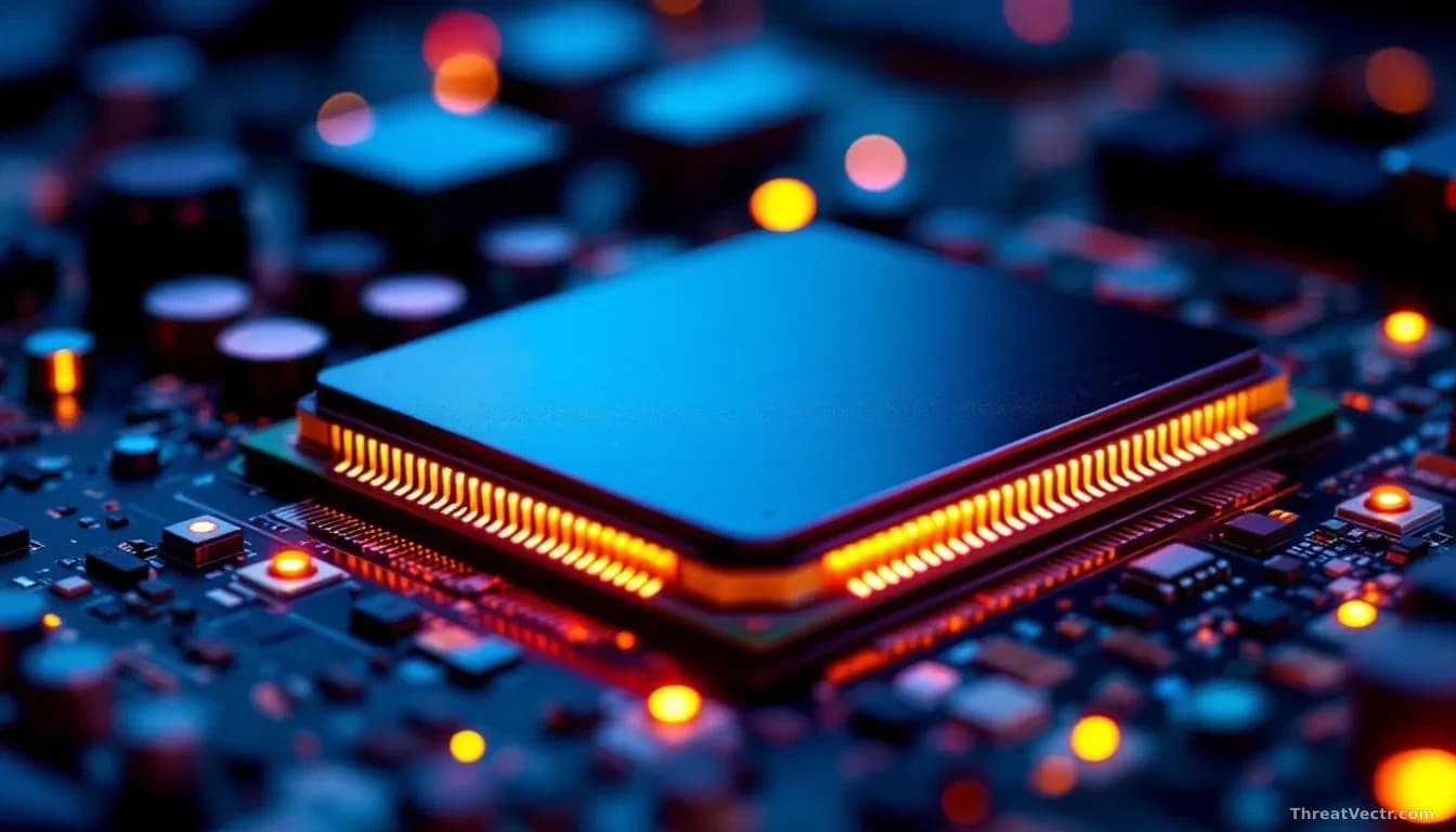 Full-frame edge-to-edge photoreal close-up of a modern server-class CPU die on a green motherboard, soft blue rim light, shallow depth of field, faint red glow
