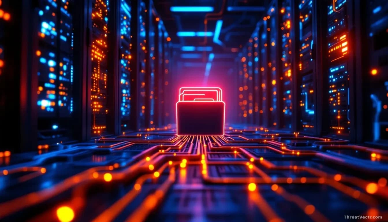 A glowing neural network diagram rendered as physical infrastructure, tangled cables and server racks lit in cool blue and amber light, a single open file folde