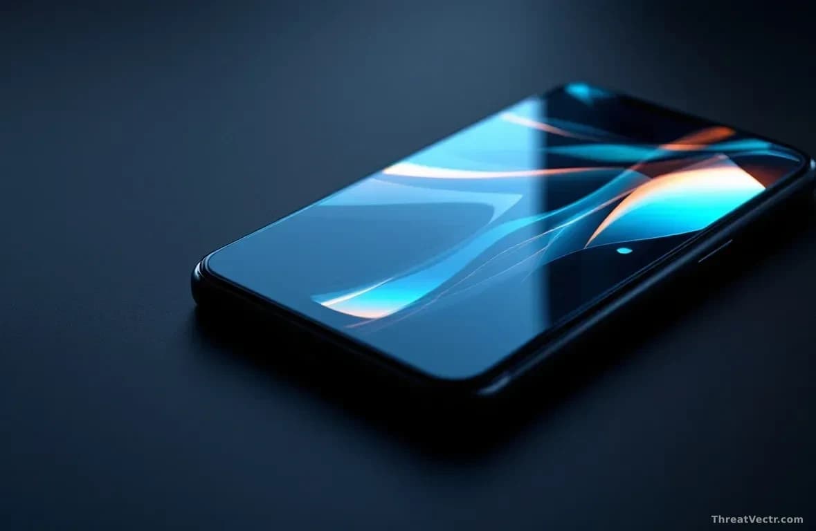 Close-up overhead shot of a modern smartphone lying face-up on a dark matte desk, its screen glowing with a generic abstract interface of geometric shapes and l