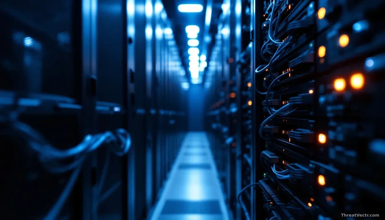 Full-frame edge-to-edge photoreal shot of a dense server rack in a dim data centre, network cables glowing faint blue under status LEDs, one cable slightly unse