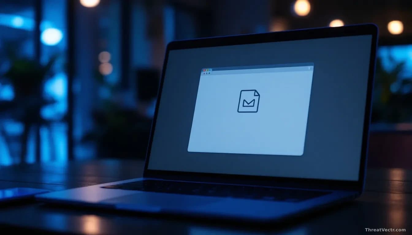 Full-frame photoreal editorial image of a generic laptop screen at night showing a plain calendar meeting invitation with a paperclip attachment icon, soft blue