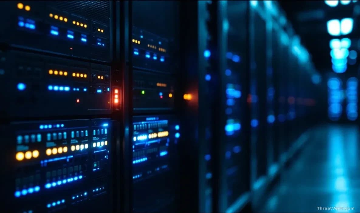 Full-frame edge-to-edge photoreal editorial image of a dimly lit server rack in a data centre, blue and amber status LEDs glowing, one server unit slightly pull