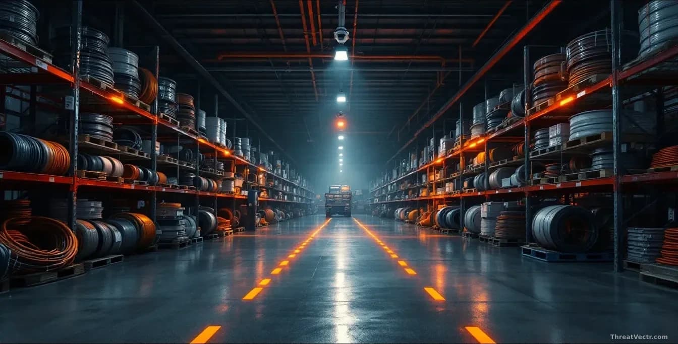 Photoreal news-editorial 16:9 image of a large industrial electrical supply warehouse interior at night, rows of metal shelving stacked with cable reels and ele