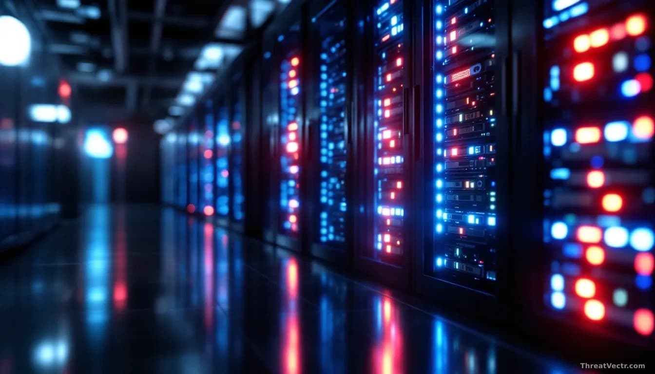 Full-frame 16:9 photoreal editorial image of a dark server room with rows of blue-lit cloud storage racks, several racks showing empty slots where drives have b