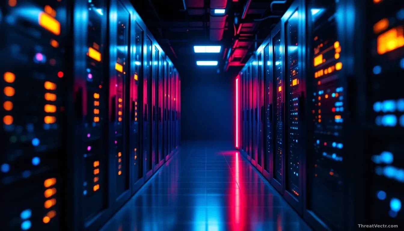 Full-frame edge-to-edge photoreal editorial shot of a dimly lit enterprise network operations centre, rows of server racks with amber indicator lights, a single