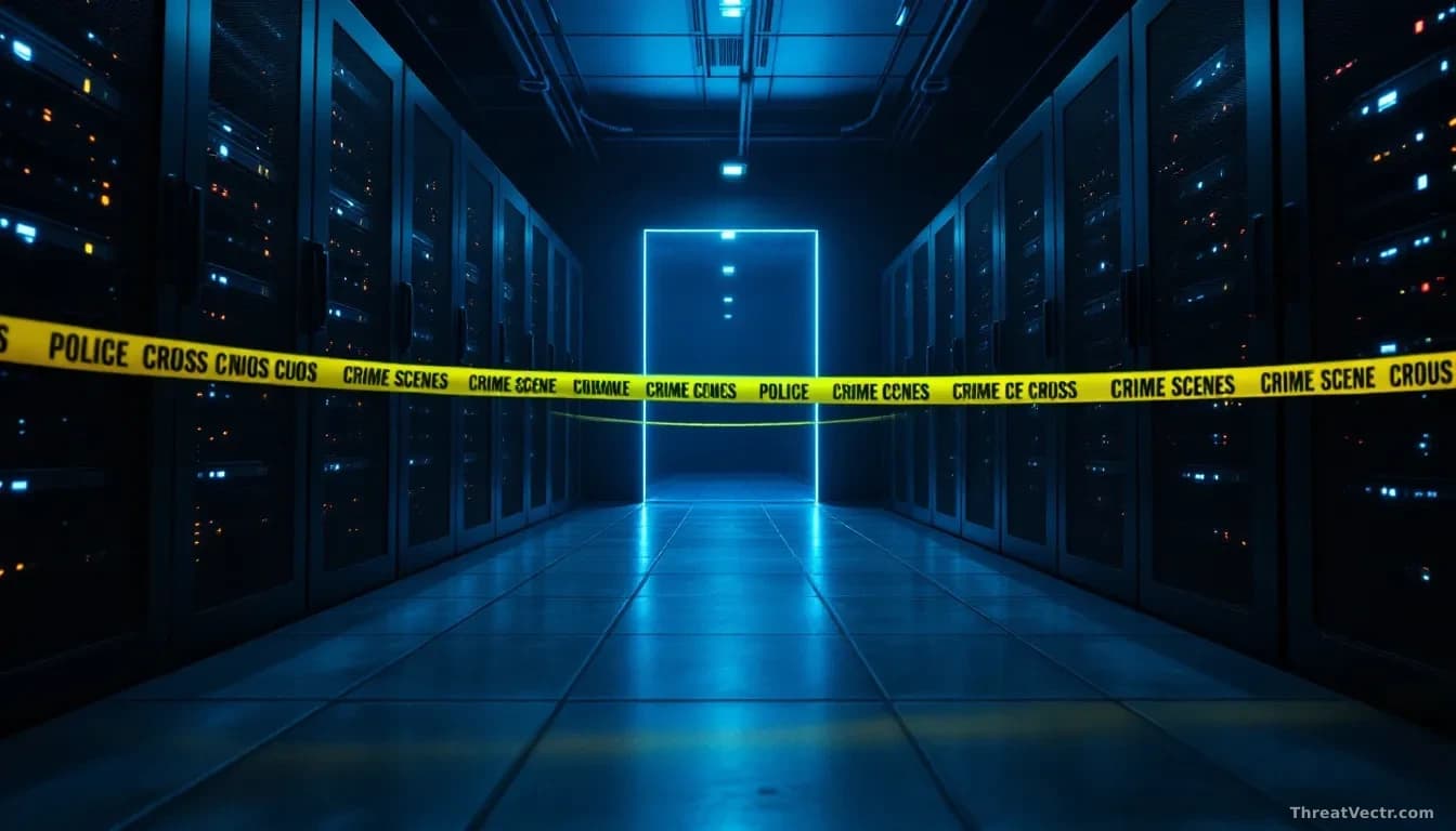 A dim, blue-tinted server room at night, rows of blinking rack servers casting faint light on the floor, yellow police crime-scene tape stretched across the ent