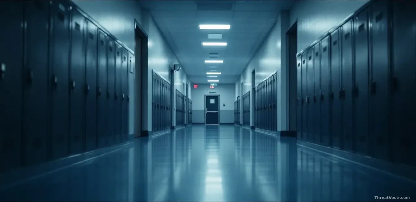 Photoreal news-editorial 16:9 image of an empty public school hallway in low morning light, rows of lockers lining the walls, a single classroom door slightly a