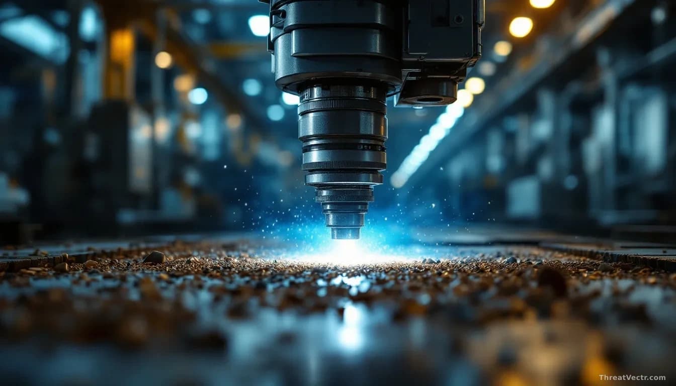 Photoreal news-editorial style, 16:9 framing, close-up of a heavy industrial CNC milling machine on a factory floor at night, blue-tinted ambient light from ove