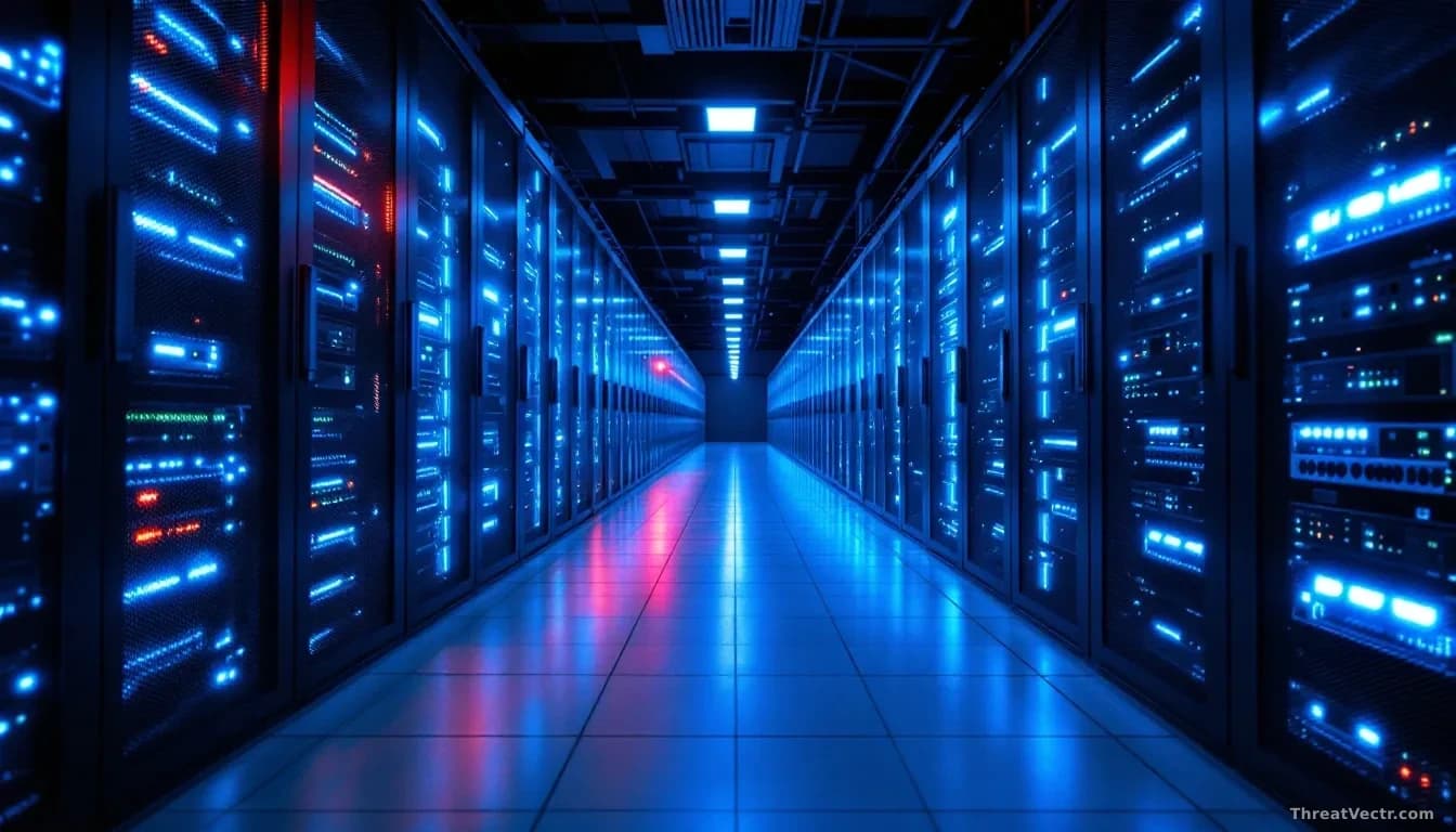 A wide 16:9 editorial photograph of a large industrial server room at night, rows of blinking rack-mounted servers stretching into the distance under cold blue-