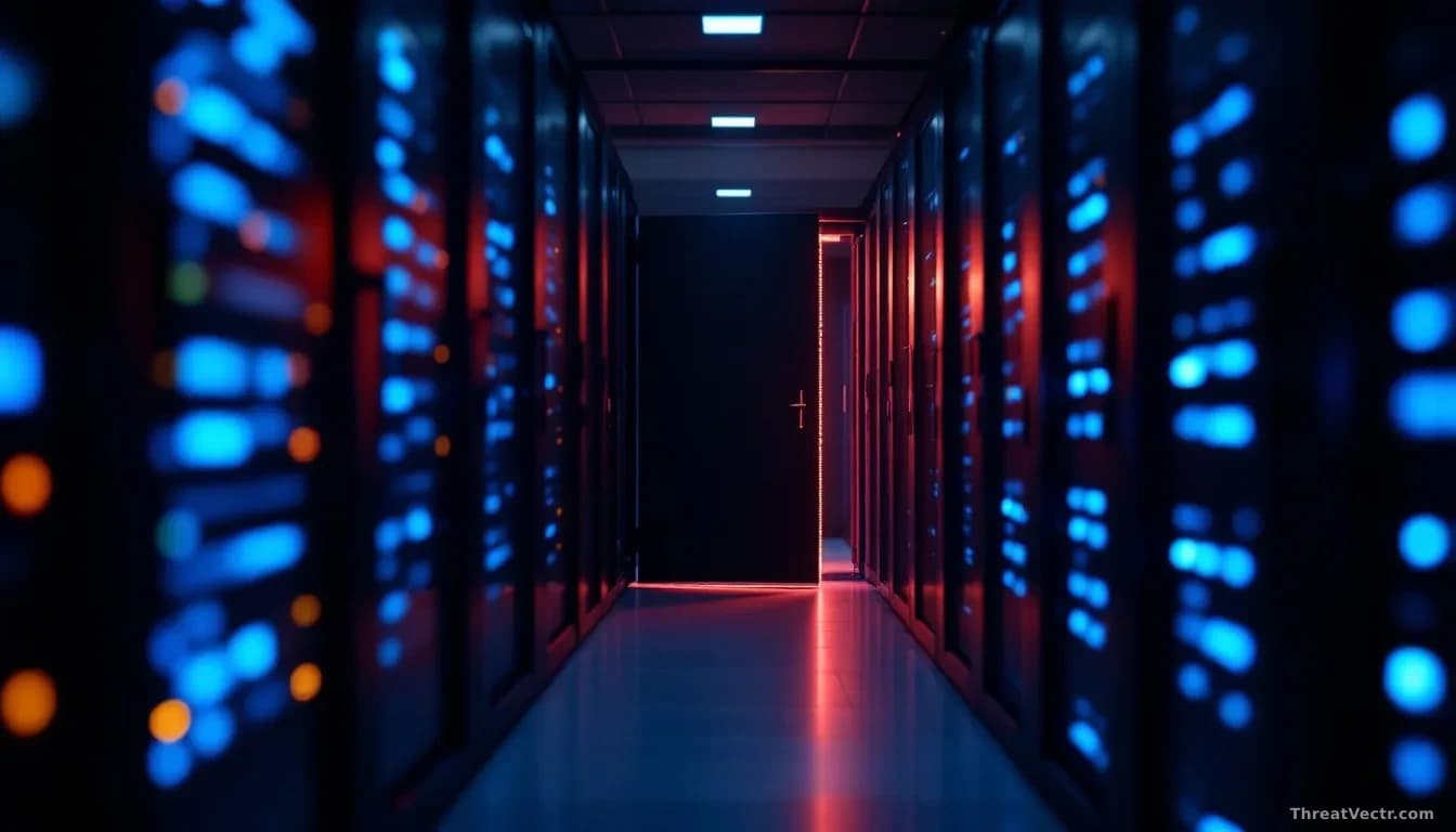 Full-frame photoreal news-editorial shot of a dim server room with rows of blue indicator lights, one rack door hanging ajar, a faint red warning glow spilling