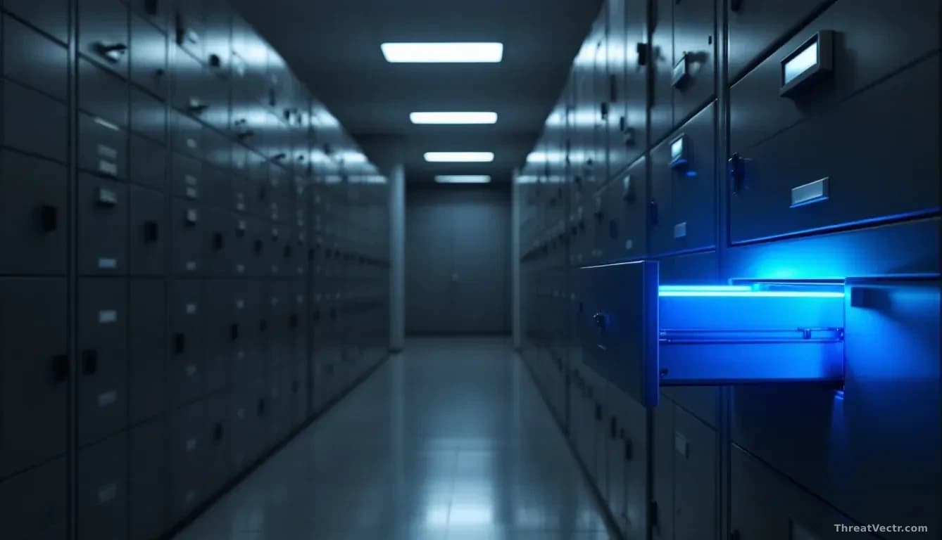 Full-frame photoreal editorial image of an empty, dimly lit government records room, rows of locked gray filing cabinets receding into shadow, one drawer slight