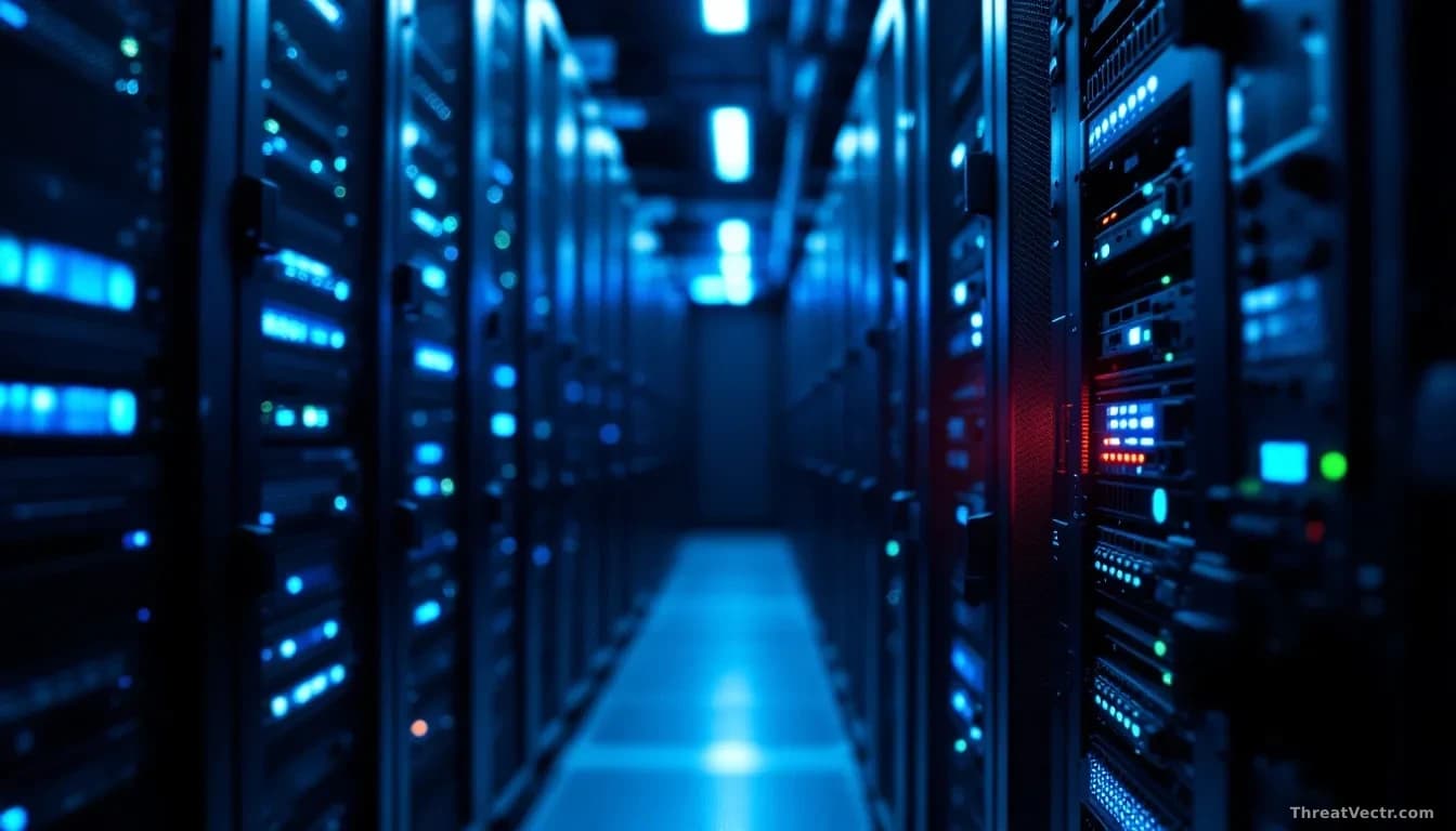Full-frame edge-to-edge photoreal editorial image of a dark server rack in a dim data centre, a single 1U appliance in the middle glowing faint red through its