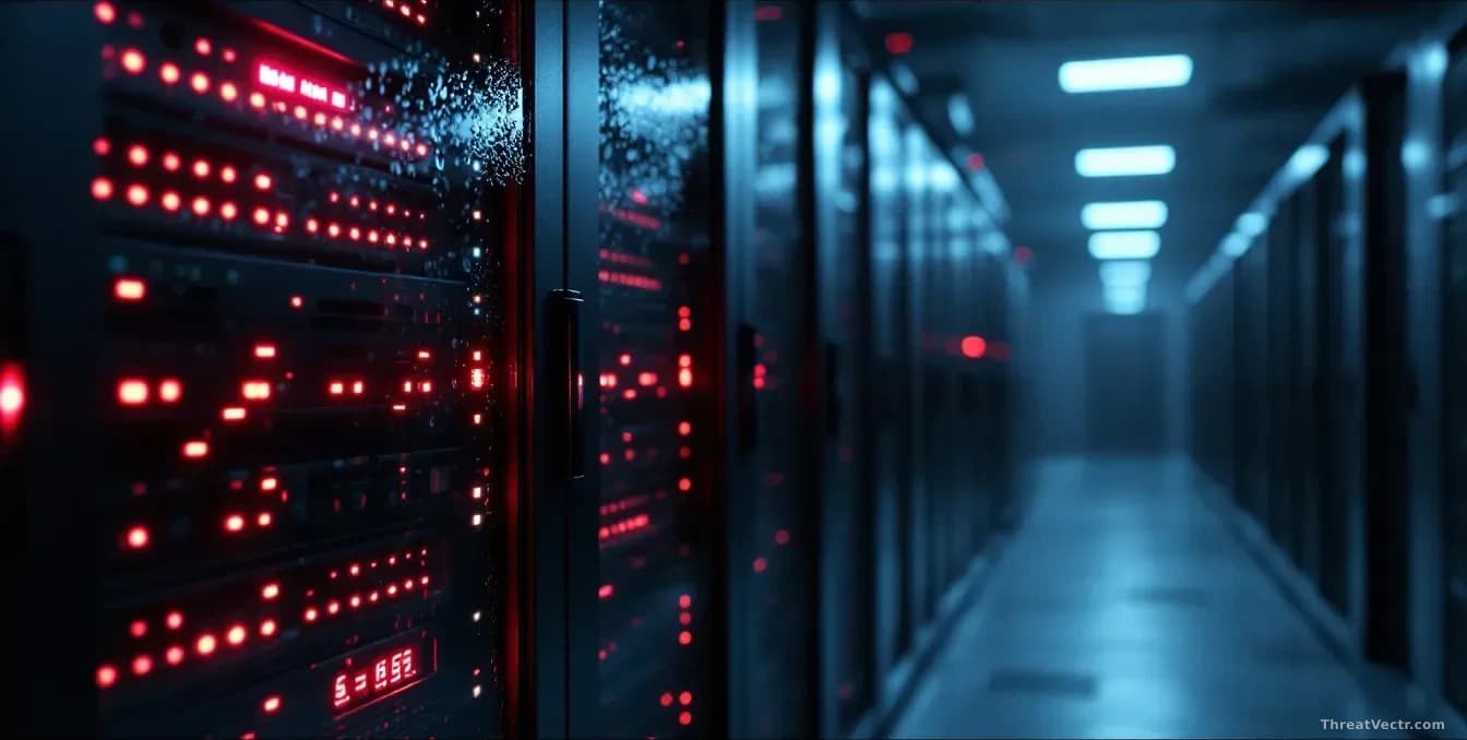 A dimly lit server room with rows of blinking rack-mounted servers, a faint red glow emanating from indicator lights, condensation on a glass panel in the foreg
