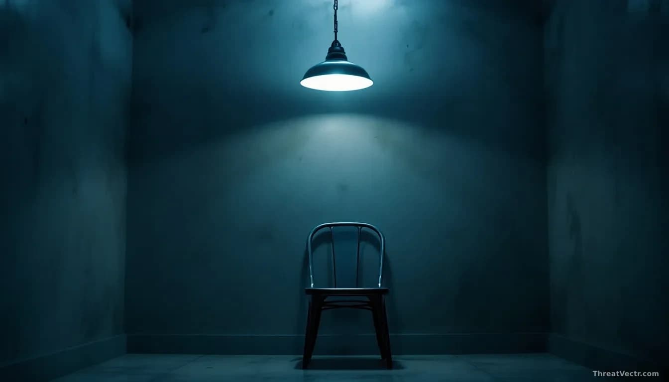 Full-frame edge-to-edge photoreal news-editorial image of a dimly lit interrogation room with an empty metal chair under a hanging ceiling lamp, muted blue and