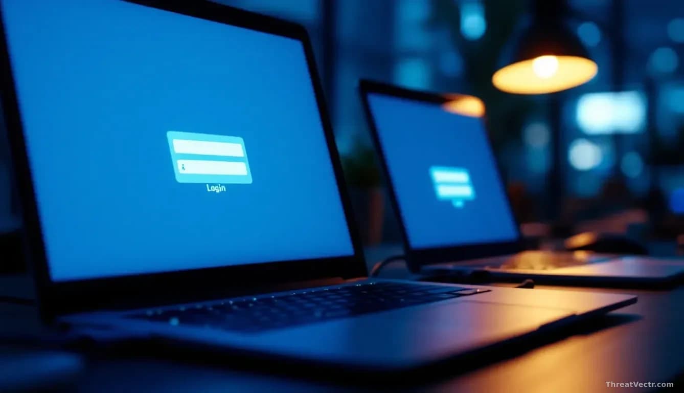 Full-frame 16:9 photoreal news-editorial image of a dim office desk at night, a laptop open showing a blurred generic blue corporate login form, a second shadow