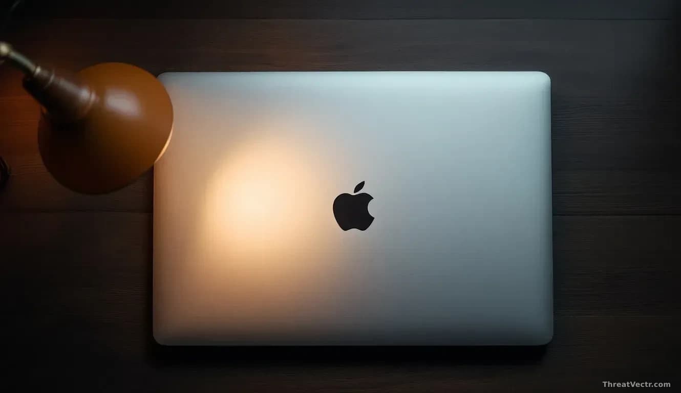 Illustration: a closed silver laptop on a dark wood desk
