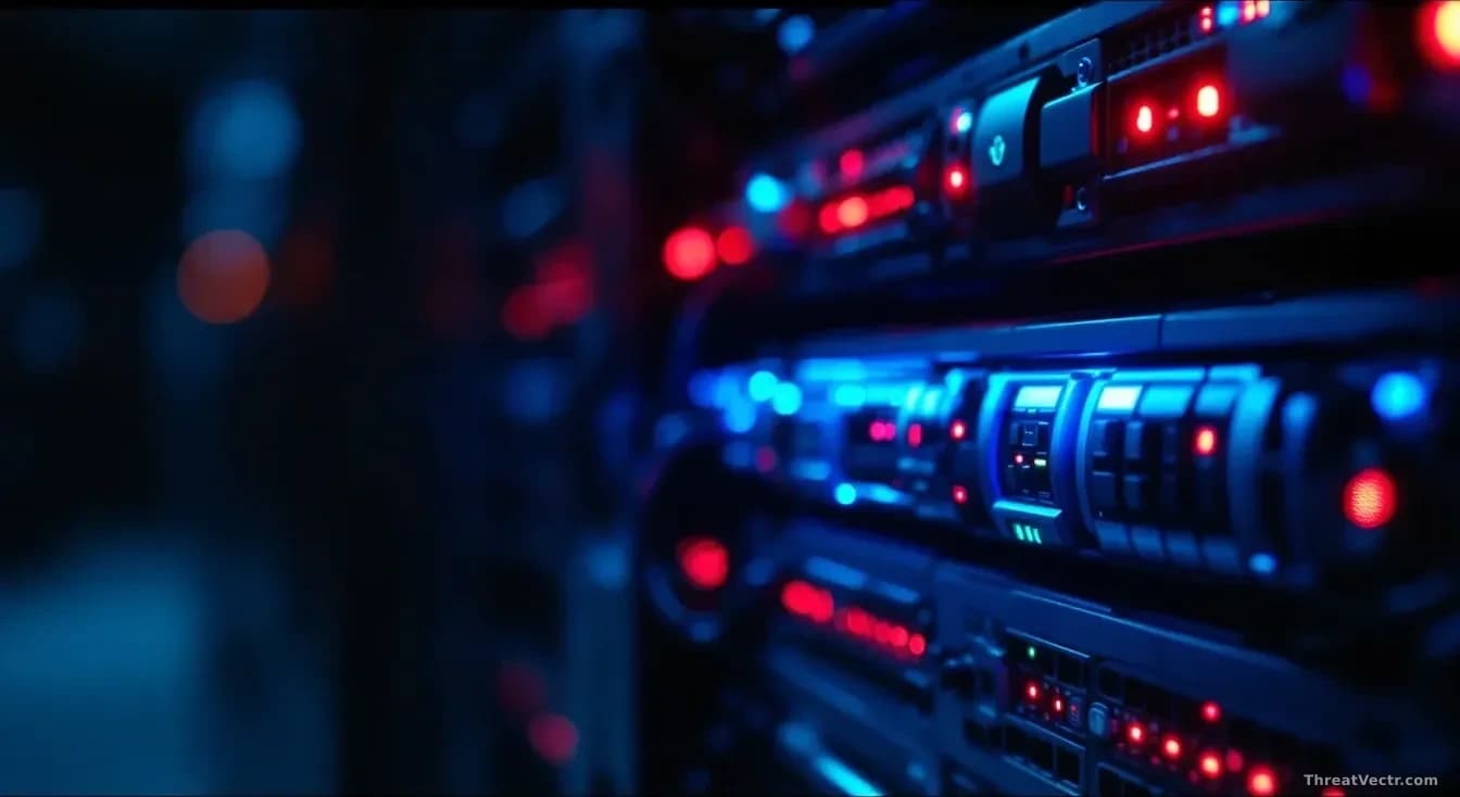 Illustration: a dimly lit server rack in a European police evidence room, blue and red light bleeding across the metal