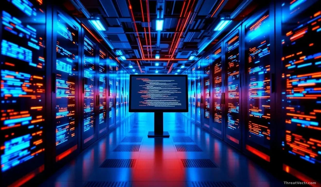 Illustration: A wide server room bathed in deep blue and orange light