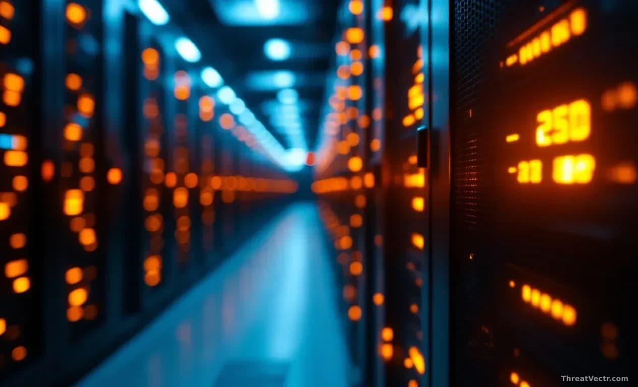 Illustration: rows of blinking server rack indicator lights in a dimly lit data centre