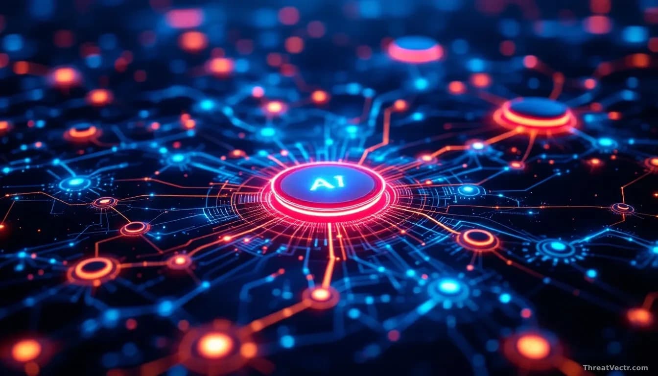 Illustration: A glowing network of interconnected nodes and data pipelines rendered in deep blue and amber