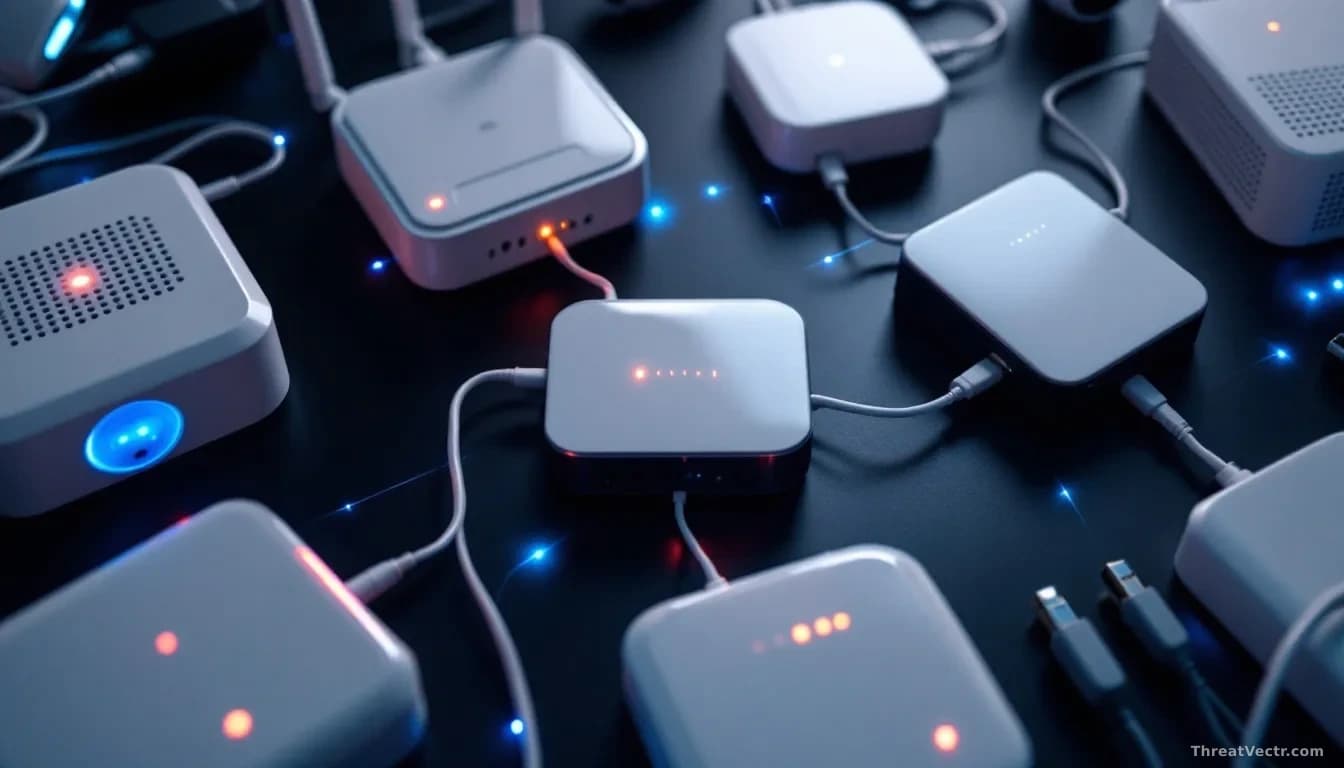 Illustration: a cluster of small consumer networking devices, routers and cameras with blinking LED lights