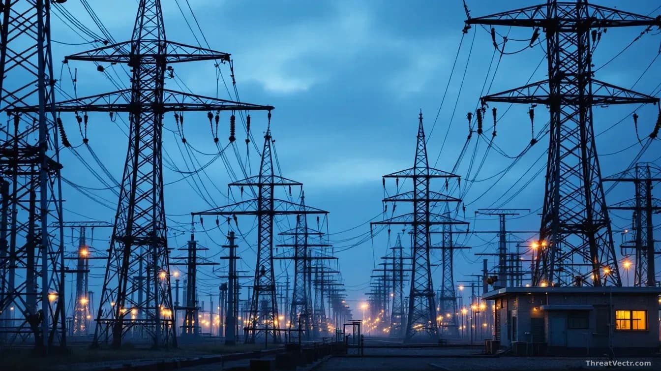 Illustration: a high-voltage electrical substation at dusk, rows of grey insulators and steel lattice towers