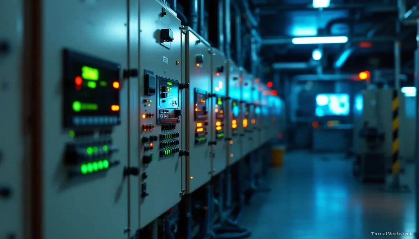 Illustration: a dimly lit industrial control room at a water treatment facility