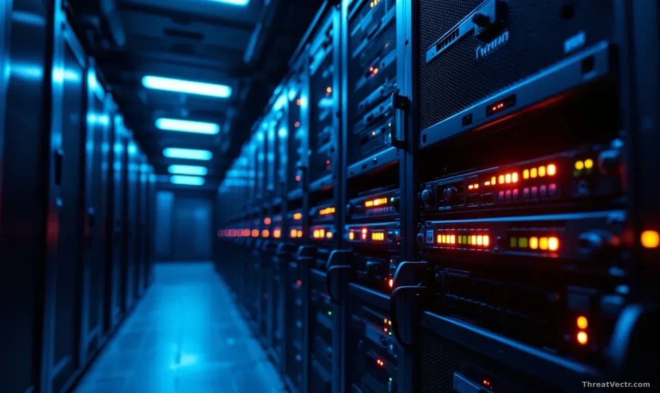 Illustration: A server rack in a dimly lit data centre