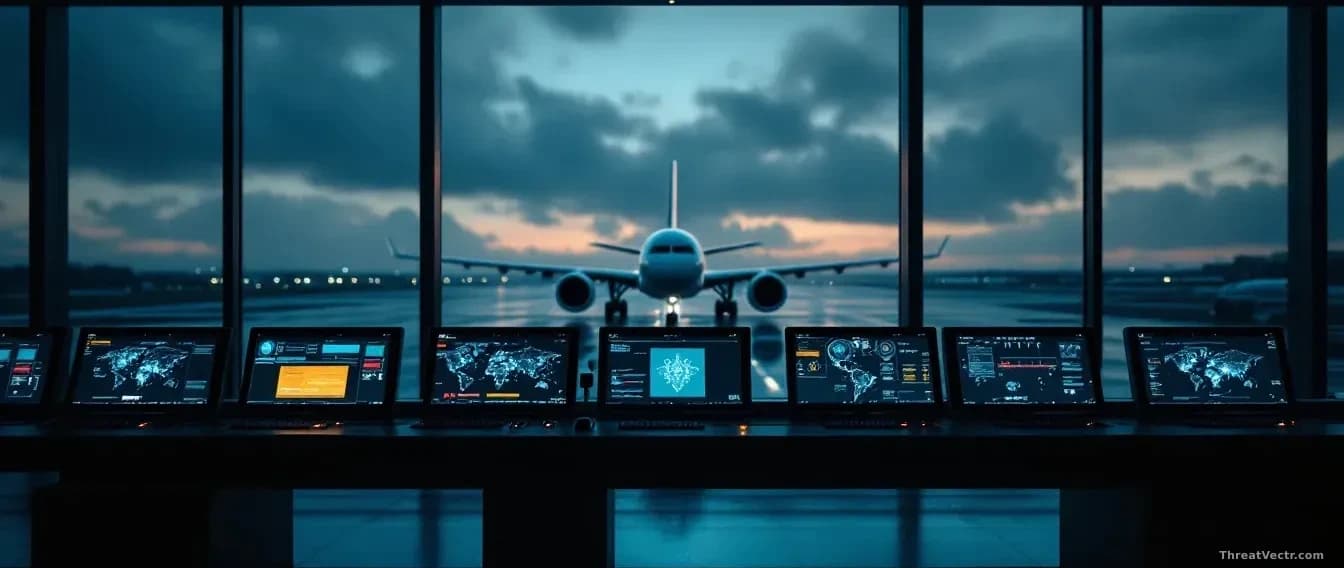 Illustration: a dim airline operations room at dusk, rows of empty flight-planning monitors glowing faintly blue