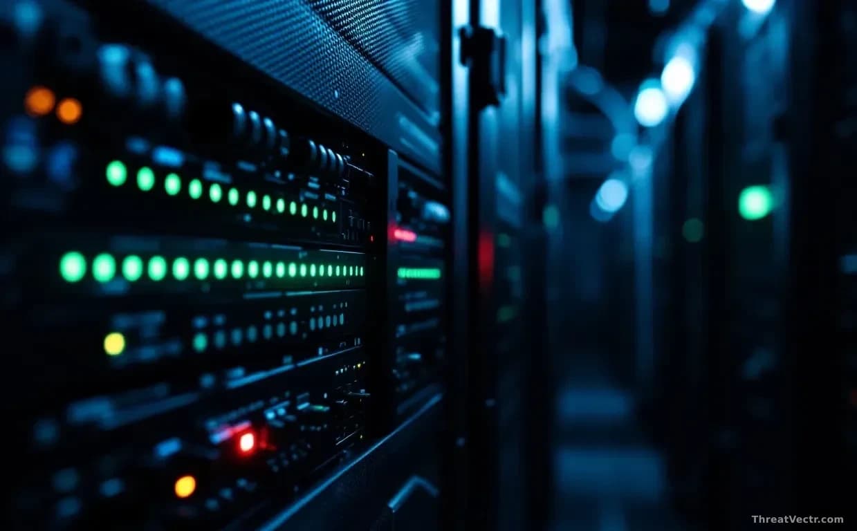 Illustration: a dark server rack with a single blade pulled halfway out, cooling fans still spinning