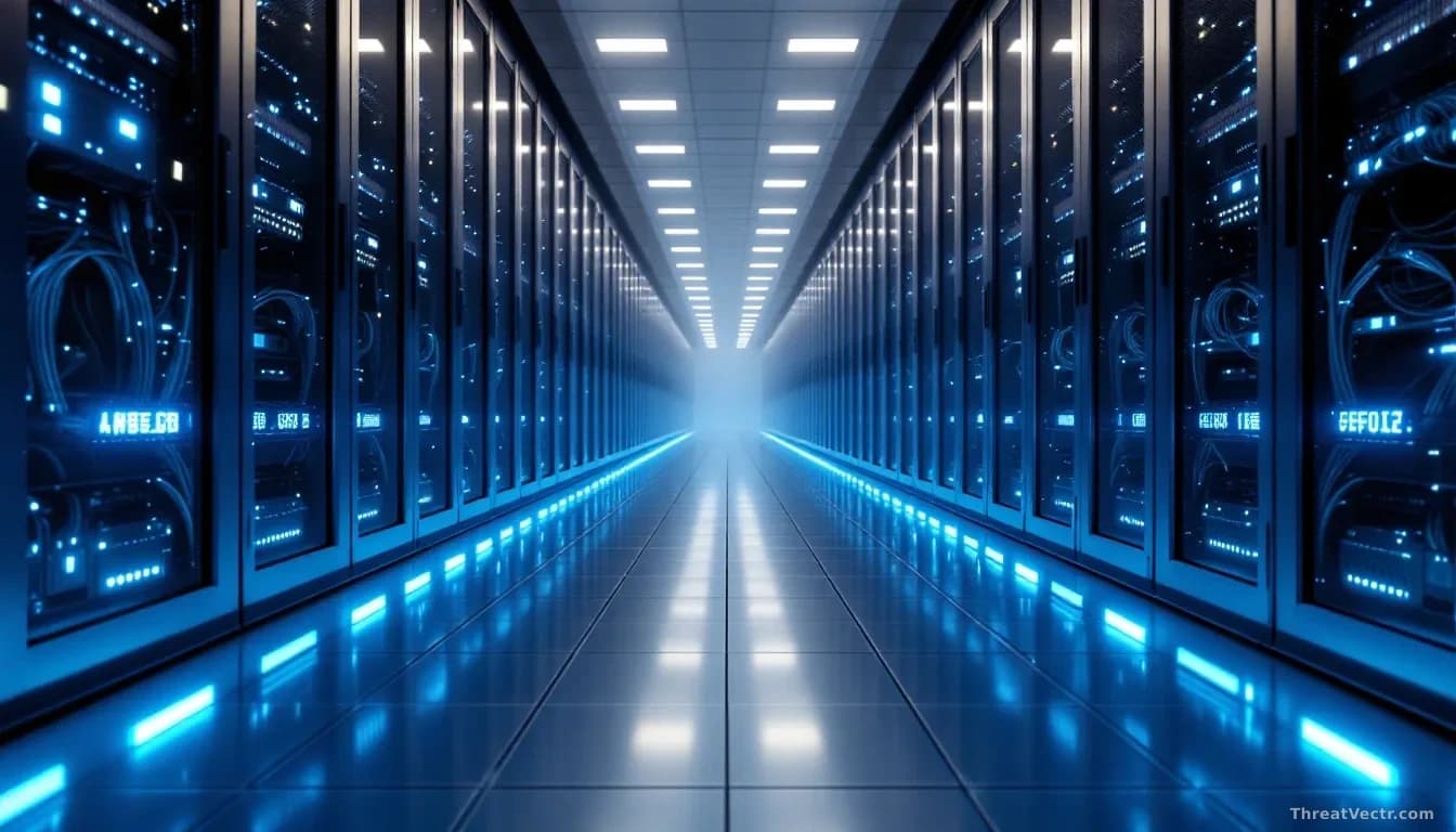 Illustration: a vast server room aisle with cool blue indicator lights reflecting on polished floor
