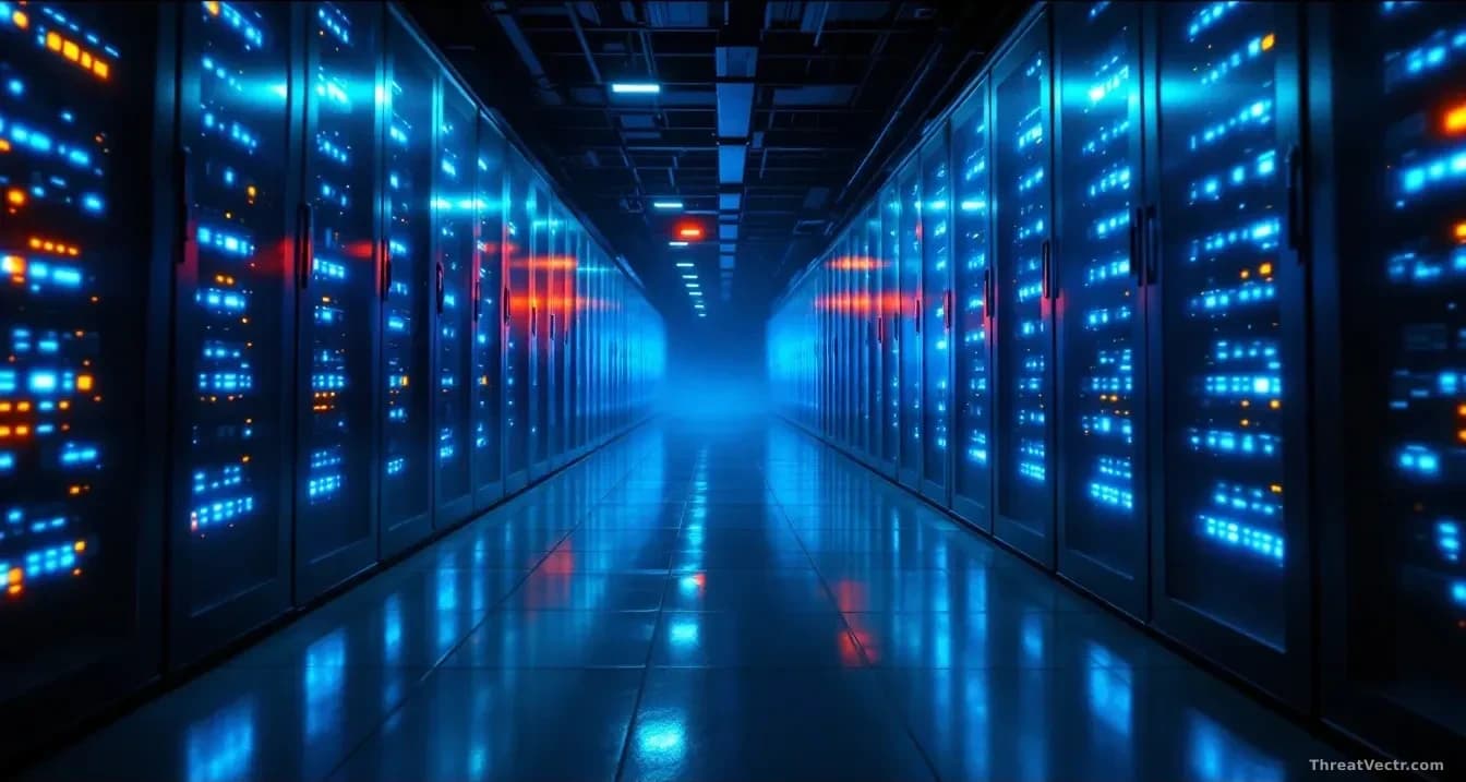 Illustration: A dimly lit server room with rows of blinking rack-mounted equipment