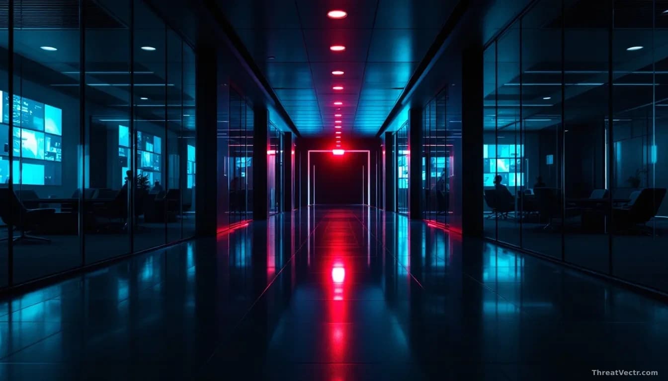 Illustration: A sleek modern law office corridor at night, dark and empty, glass-walled meeting rooms visible on either side