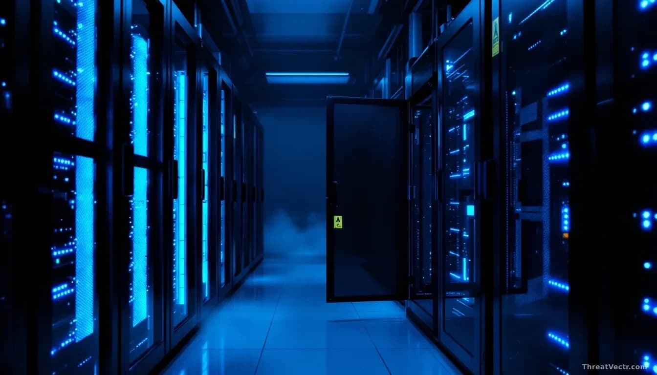Illustration: a dimly lit server room with blue rack lights, one open cabinet showing a yellow caution tag
