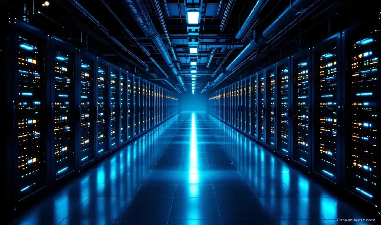 Illustration: a large data centre floor at night
