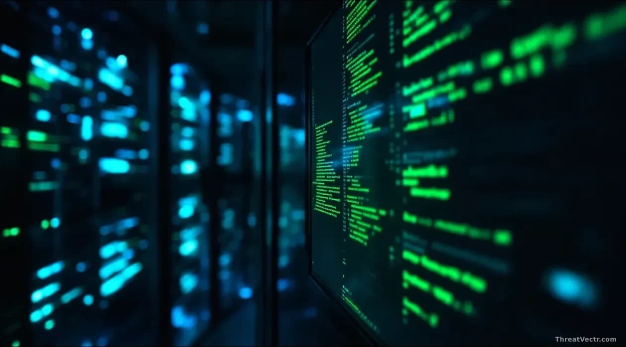 Illustration: a dim server room with a single Linux terminal window glowing on a monitor