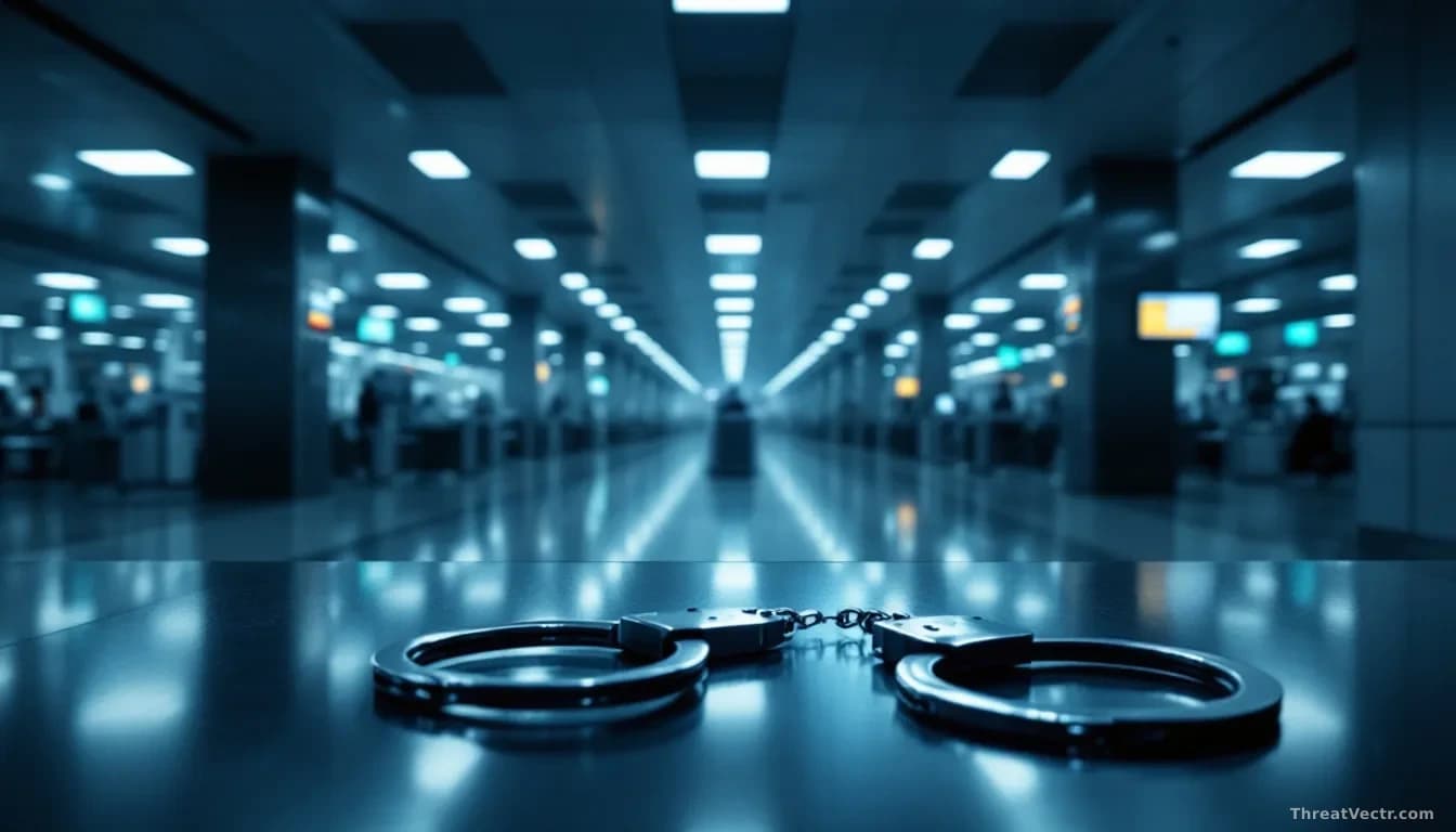 Illustration: a high-security airport arrivals corridor at night