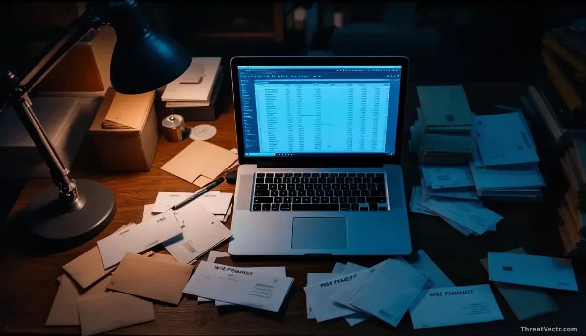 Illustration: an anonymous desk in a dim room: a stack of unmarked prepaid envelopes