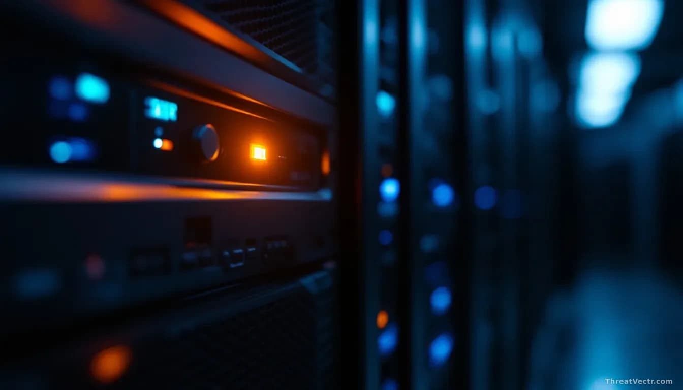 Illustration: a dimly lit server rack in a data centre, a single orange warning light reflected on polished metal