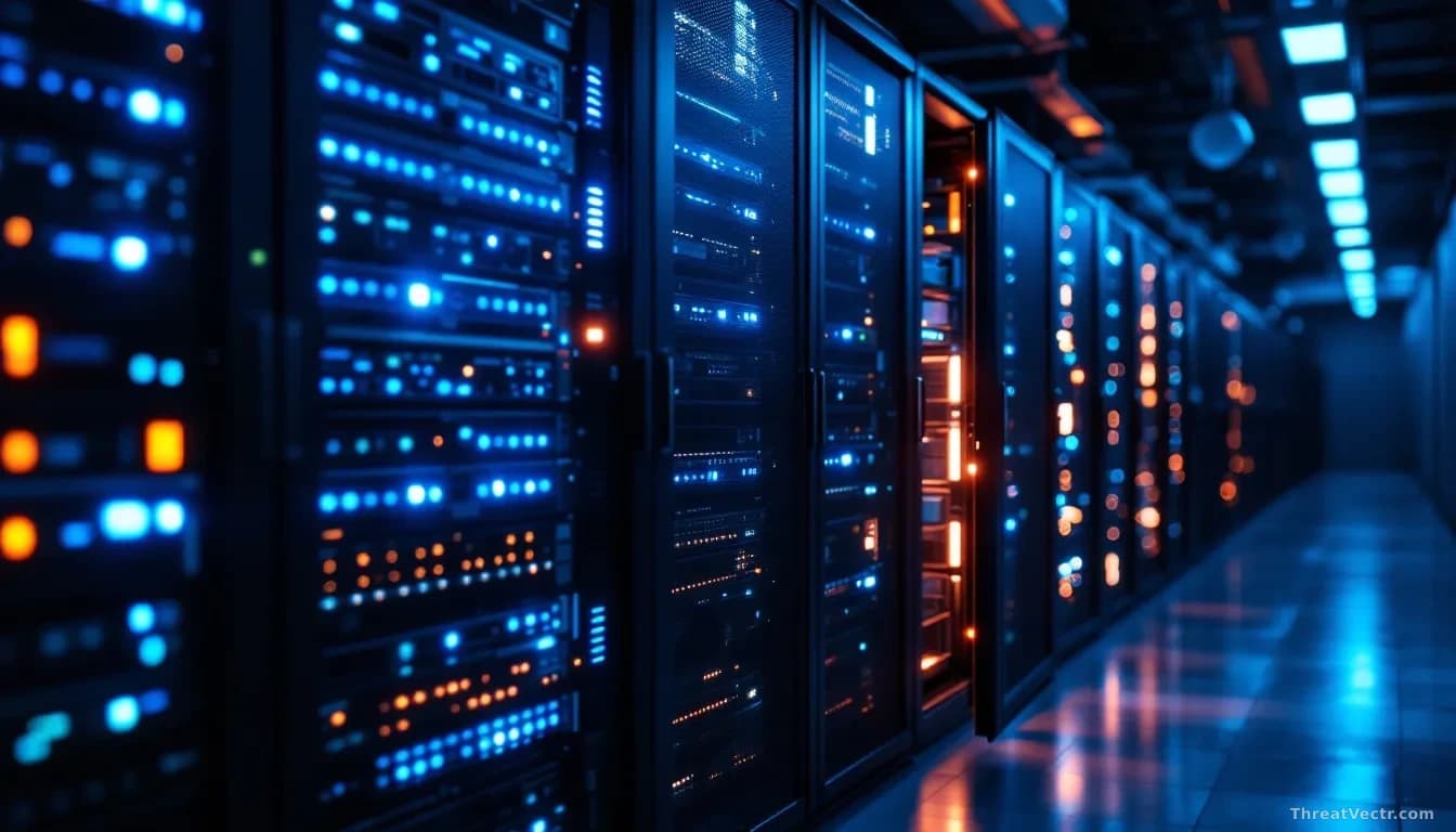 Illustration: a dimly lit enterprise server room, rows of rack-mounted database servers with blue status LEDs