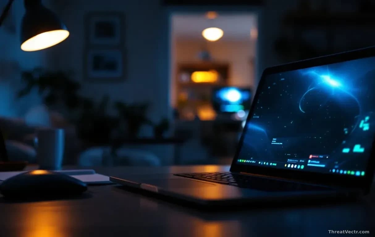 Illustration: A dimly lit home office at night, a work laptop open on a desk showing a locked screen