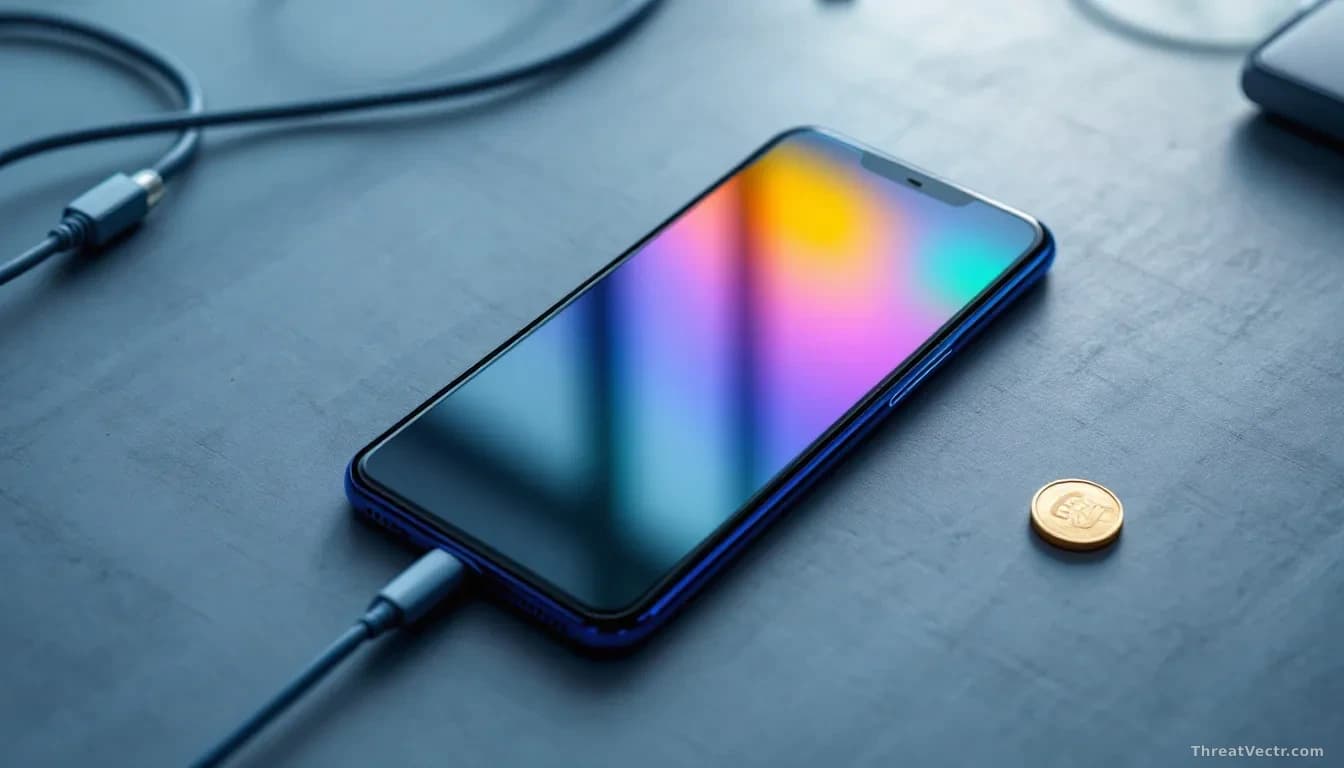 Illustration: a smartphone face-down on a cold grey desk, a faint rainbow reflection catching on the glass back
