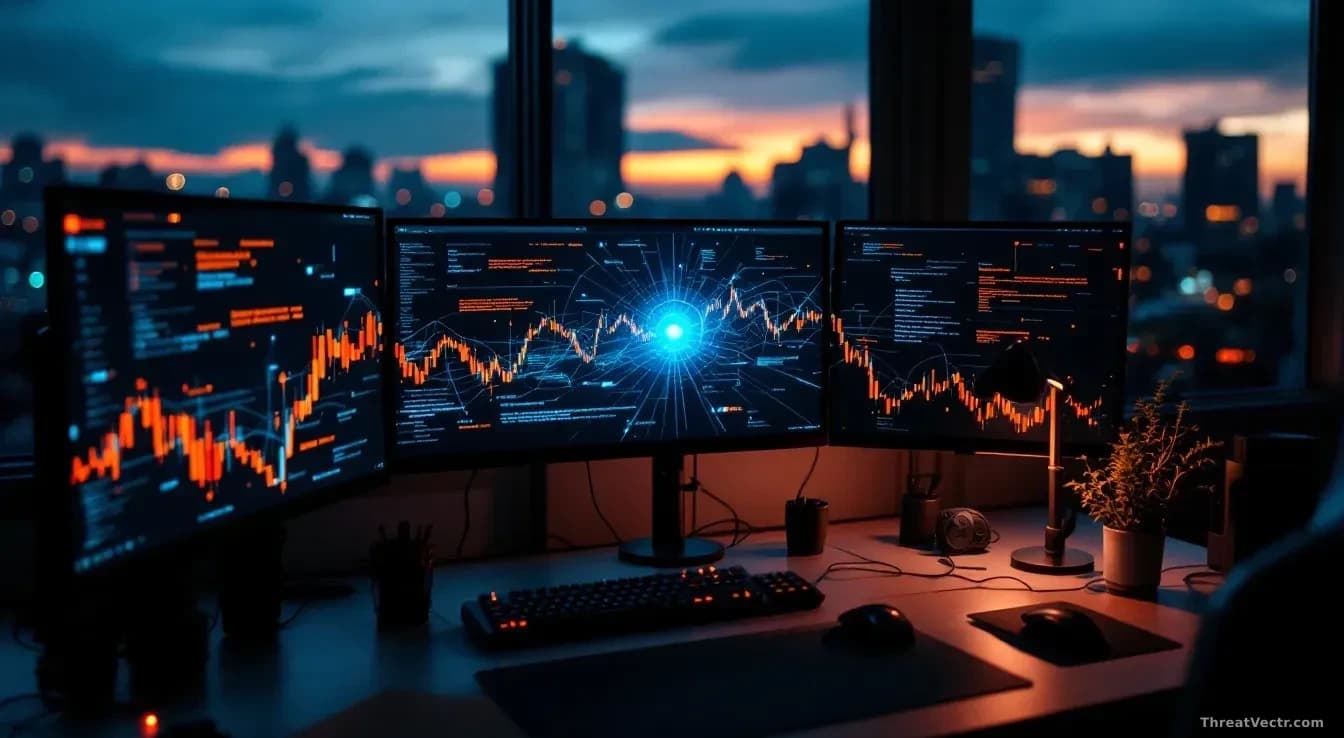 Illustration: a developer workstation at dusk, two monitors glowing with abstract code and token-shaped graphics flowing