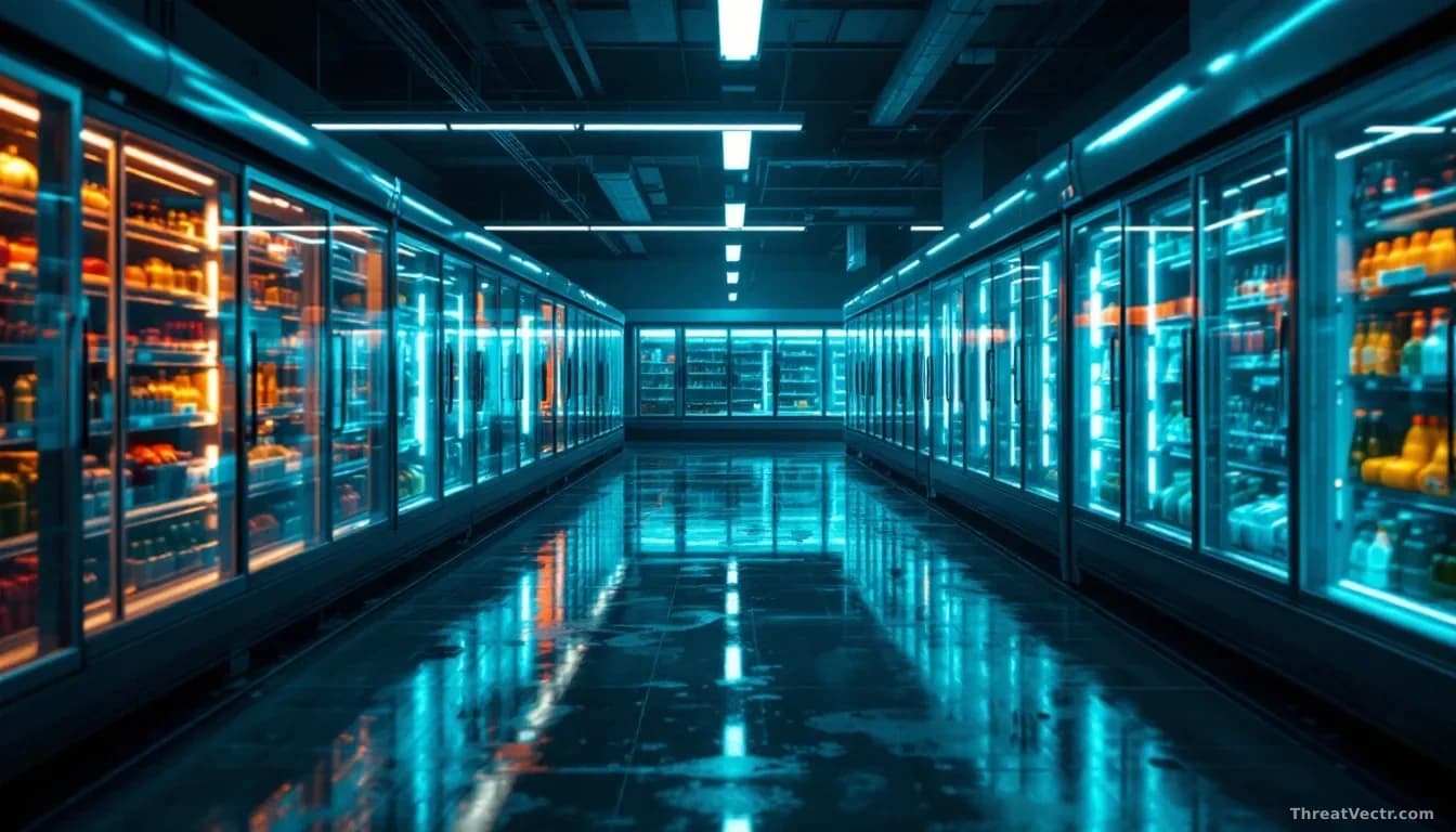 Illustration: a dim supermarket refrigerated aisle at night