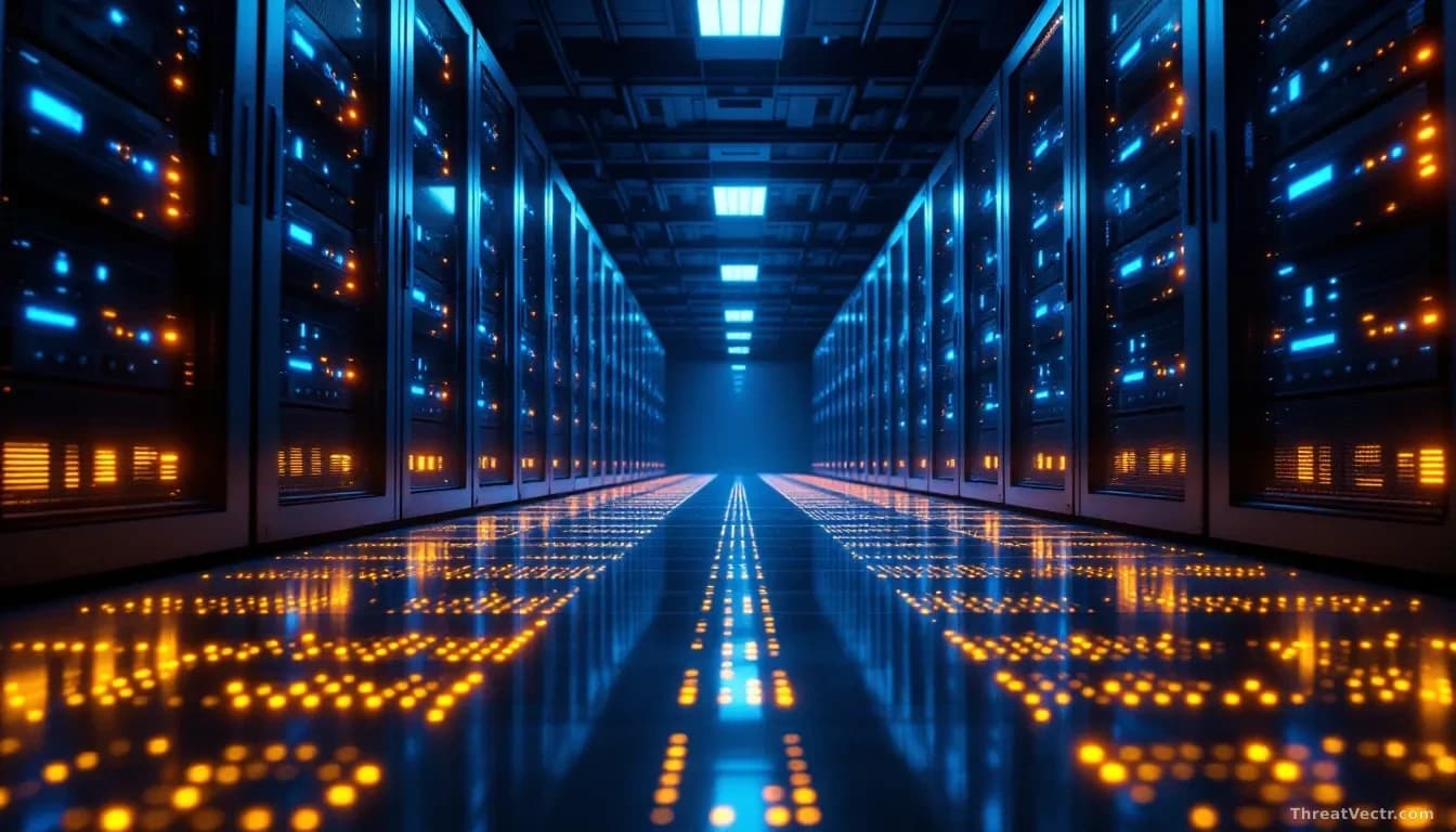 Illustration: a dimly lit server room with rows of blinking rack servers casting cool blue and amber light across the floor