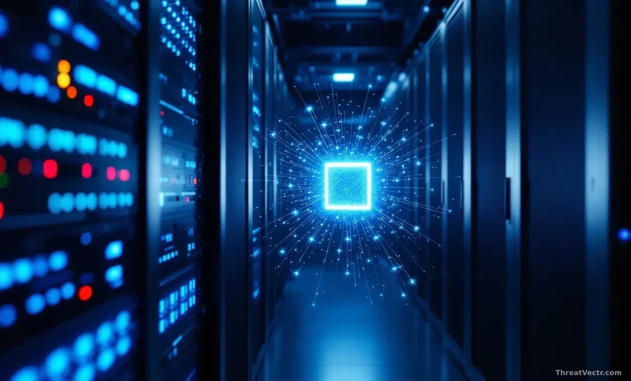 Illustration: a dark server rack interior, cool blue indicator LEDs reflecting off brushed aluminium