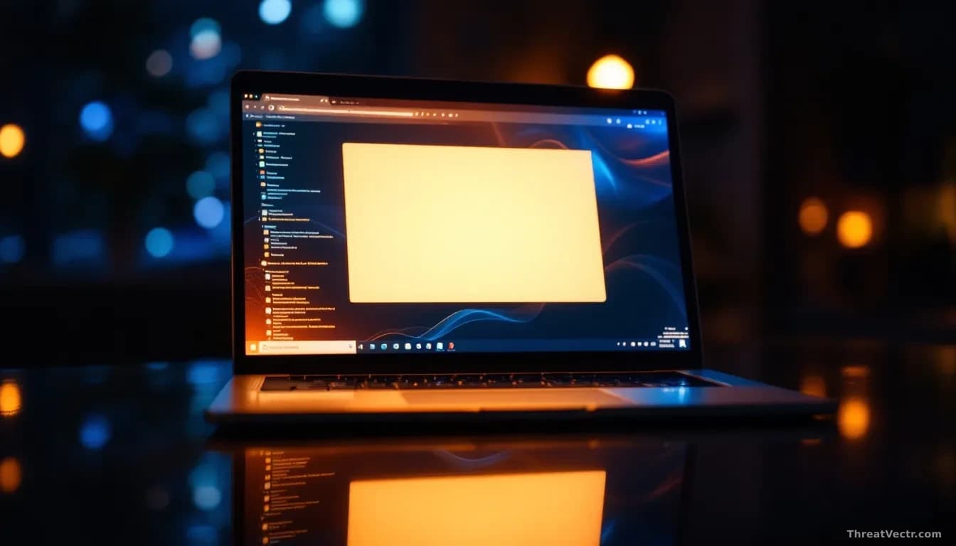 Illustration: a laptop screen glowing with a generic browser window at night, reflection distorted on a glossy desk