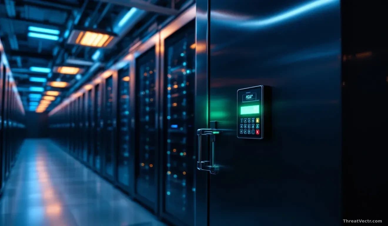 Illustration: A heavy steel security door in a corporate data centre corridor