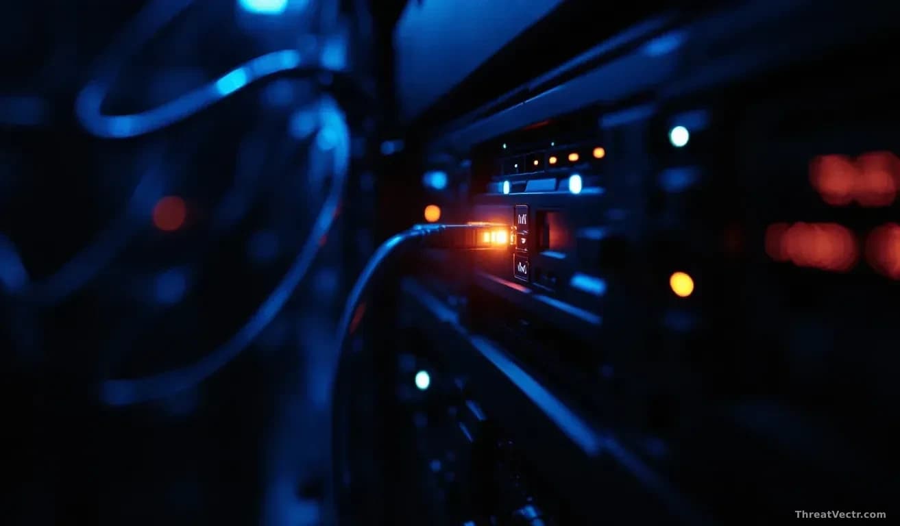 Illustration: a dark server rack with a single amber status light glowing