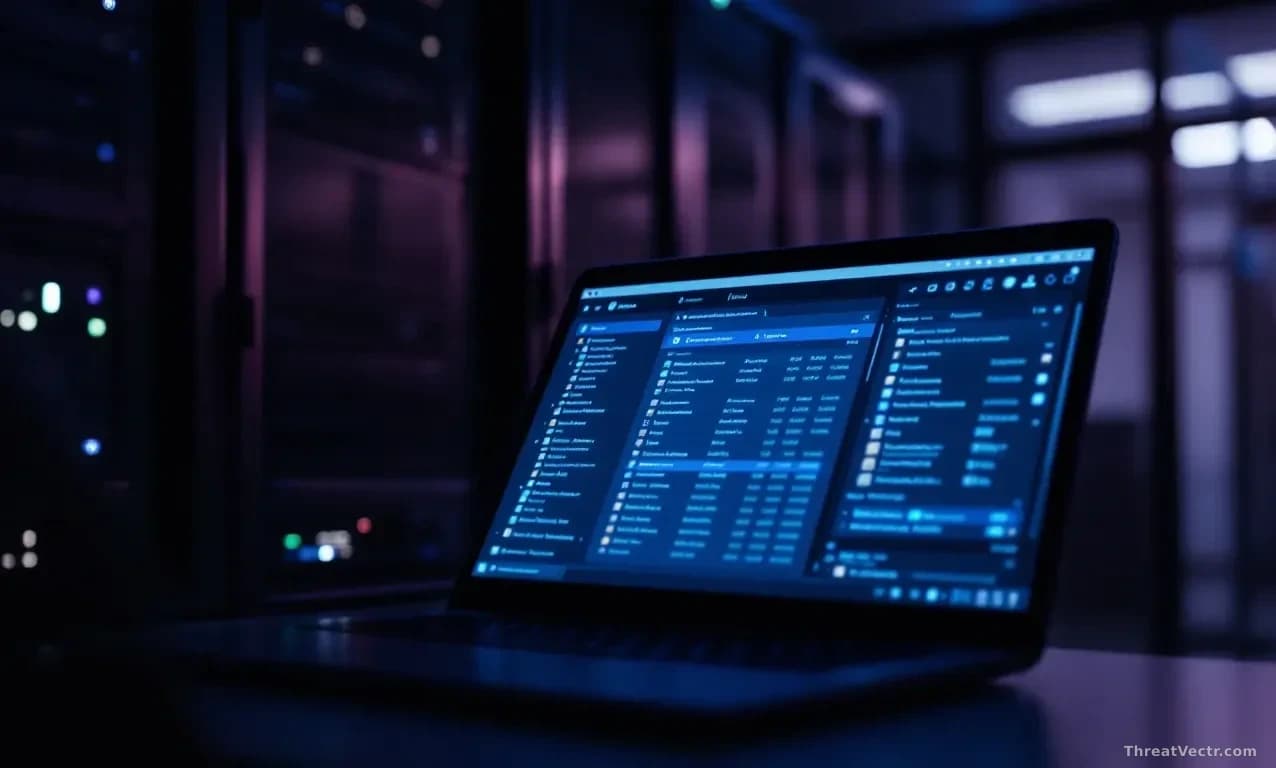 Illustration: a dimly lit server rack in a small office environment